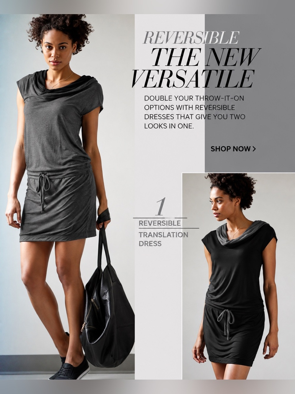Athleta Reversible Translation Dress Gray Black Cowl Neck, size 4